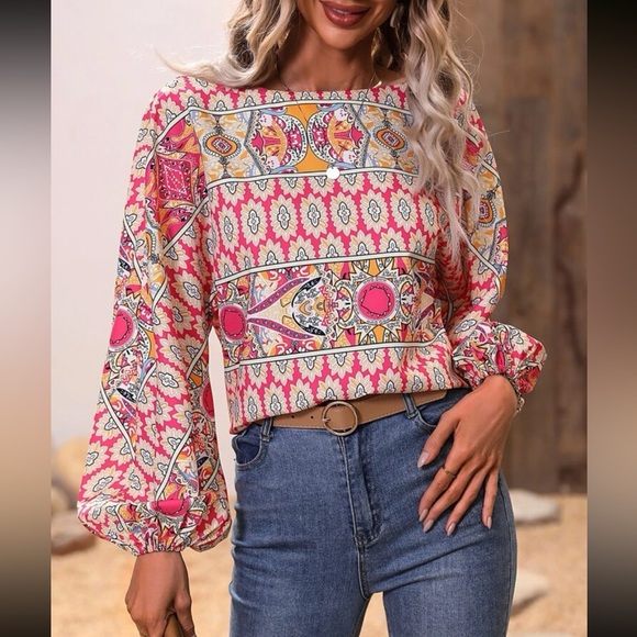 Boho Floral Paisley Print Boat Neck King Sleeve Top Blouse Shirt - Picture 2 of 6